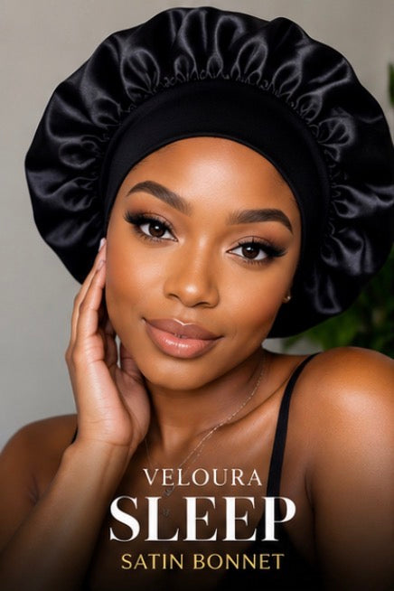 VELOURA SLEEP Satin Bonnet, Oversized Adjustable Sleep Cap for Women, Black