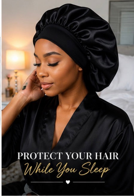 VELOURA SLEEP Satin Bonnet, Oversized Adjustable Sleep Cap for Women, Black