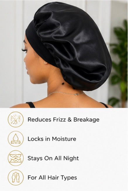 VELOURA SLEEP Satin Bonnet, Oversized Adjustable Sleep Cap for Women, Black