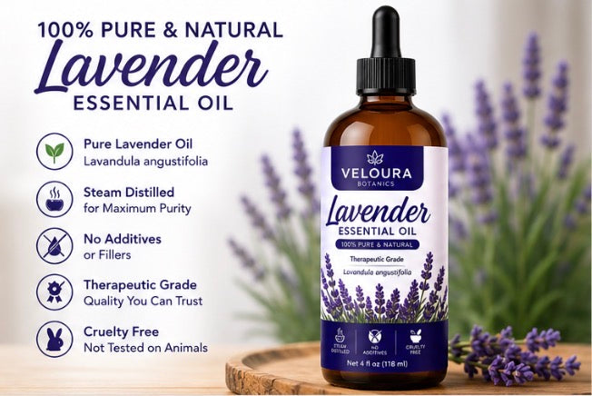 Veloura Botanics Lavender Essential Oil 4 oz - 100% Pure & Natural, Therapeutic Grade Lavender Oil for Diffuser. Aromatherapy, Skin, Hair & Relaxation - Steam Distilled Lavandula Angustifolia