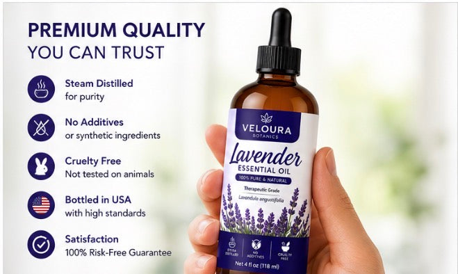 Veloura Botanics Lavender Essential Oil 4 oz - 100% Pure & Natural, Therapeutic Grade Lavender Oil for Diffuser. Aromatherapy, Skin, Hair & Relaxation - Steam Distilled Lavandula Angustifolia